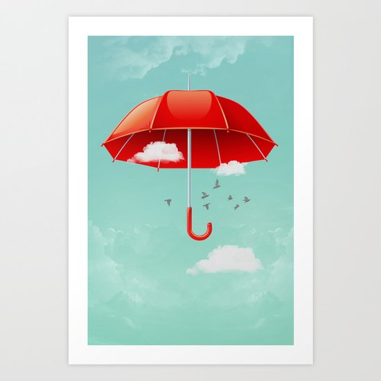 Teal Sky Red Umbrella Art Print