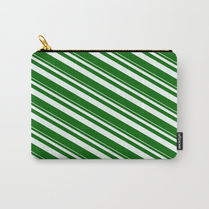 Mint Cream & Dark Green Colored Lined Pattern Carry-All Pouch