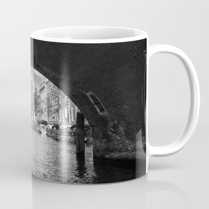 Tourboat about to go under a bridge on Amsterdam canal Coffee Mug