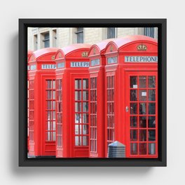 Great Britain Photography - Phone Booths Lined Up Beside Each Other Framed Canvas