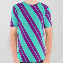 [ Thumbnail: Purple and Turquoise Colored Lined/Striped Pattern All Over Graphic Tee ]