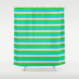 [ Thumbnail: Light Gray, Lime Green & Dark Turquoise Colored Striped/Lined Pattern Shower Curtain ]