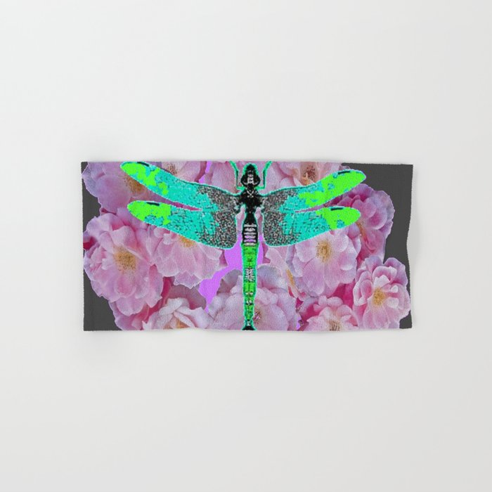GREY COLOR EMERALD DRAGONFLY PINK ROSES Hand & Bath Towel