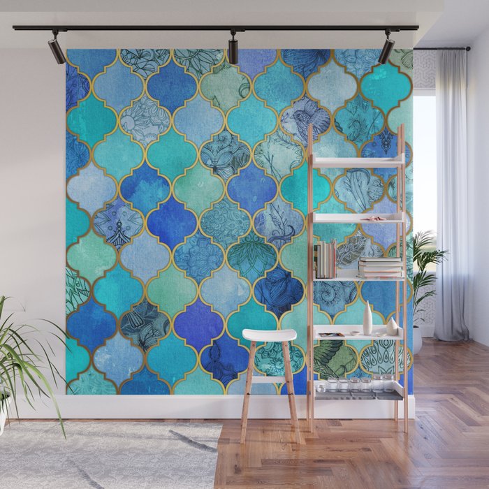 Cobalt Blue, Aqua & Gold Decorative Moroccan Tile Pattern Wall Mural