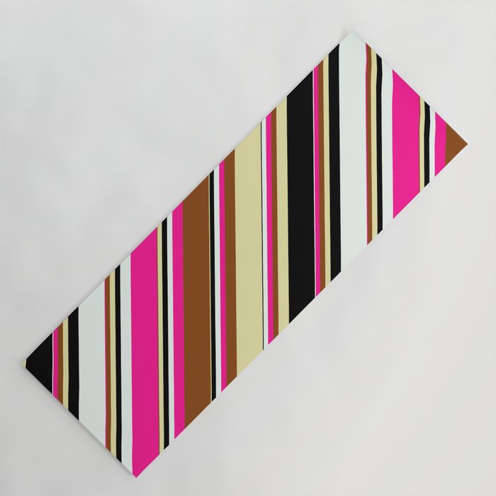 Vibrant Brown, Pale Goldenrod, Black, Mint Cream & Deep Pink Colored Lined/Striped Pattern Yoga Mat