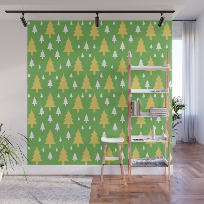 Christmas Pattern Tree Green Yellow Wall Mural