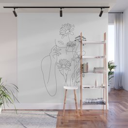 Minimal Line Art Woman with Flowers III Wall Mural