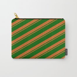 [ Thumbnail: Chocolate & Dark Green Colored Striped Pattern Carry-All Pouch ]