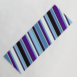 [ Thumbnail: Colorful Indigo, Sky Blue, Blue, Mint Cream, and Black Colored Lines Pattern Yoga Mat ]