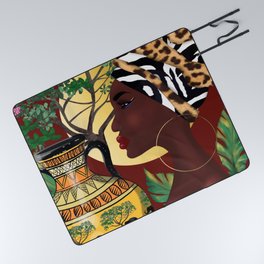 African woman,vase ,fashion art ,red background ,round earrings. Picnic Blanket