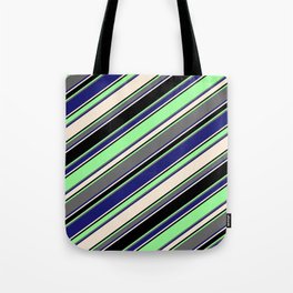 [ Thumbnail: Vibrant Green, Dim Grey, Midnight Blue, Beige & Black Colored Striped Pattern Tote Bag ]
