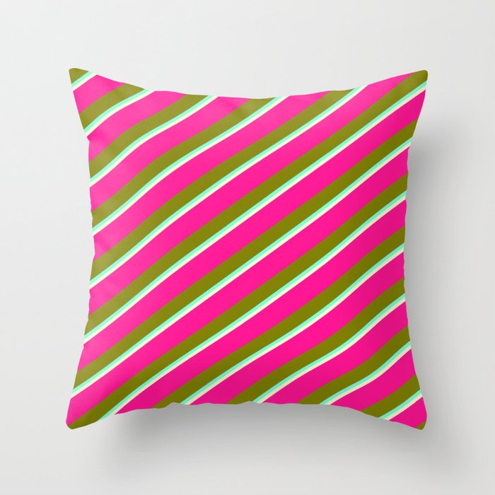 Deep Pink, Green, Aquamarine, and Light Yellow Colored Lined/Striped Pattern Throw Pillow