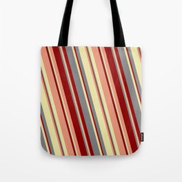 [ Thumbnail: Grey, Dark Red, Dark Salmon, and Pale Goldenrod Colored Striped Pattern Tote Bag ]