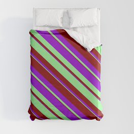 [ Thumbnail: Green, Dark Red & Dark Violet Colored Lined/Striped Pattern Duvet Cover ]