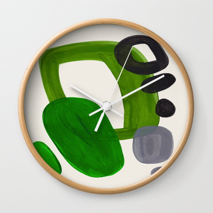Minimalist Modern Mid Century Colorful Abstract Shapes Olive Green Retro Funky Shapes 60's Vintage Wall Clock