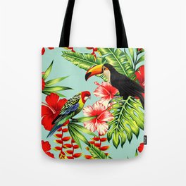 tropic bird toucan multicolor parrot background exotic flower hibiscus palm leaf summer floral plant nature animals wallpaper pattern Tote Bag