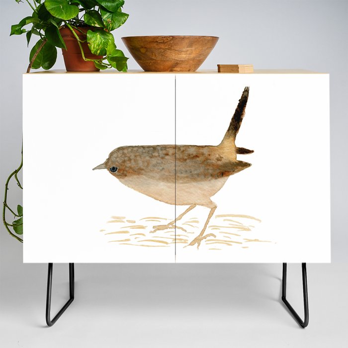 Watercolor house wren Credenza