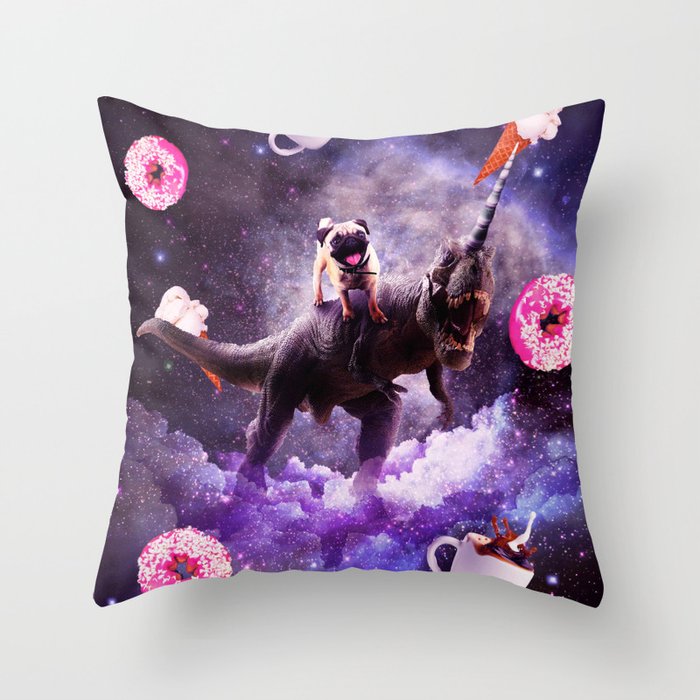 Outer Space Pug Riding Dinosaur Unicorn - Donut Throw Pillow