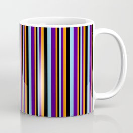 [ Thumbnail: Dark Orange, Black, Sky Blue, and Indigo Colored Striped Pattern Coffee Mug ]