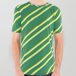 [ Thumbnail: Sea Green, Yellow, and Mint Cream Colored Lined/Striped Pattern All Over Graphic Tee ]