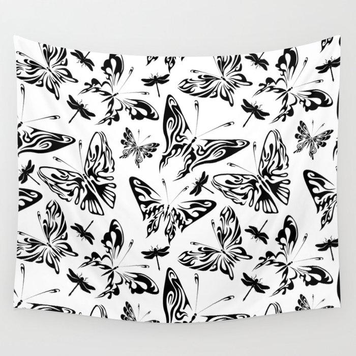 Black And White Fancy Butterfly Pattern Wall Tapestry