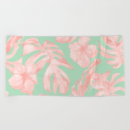 Tropical Palm Leaves Hibiscus Pink Mint Green Beach Towel