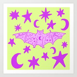 Witchy Bat with Stars and Moons, Magenta over Chartreuse Art Print