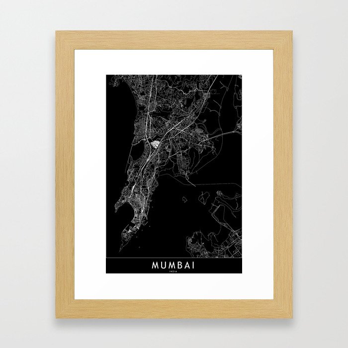 Mumbai Black Map Framed Art Print