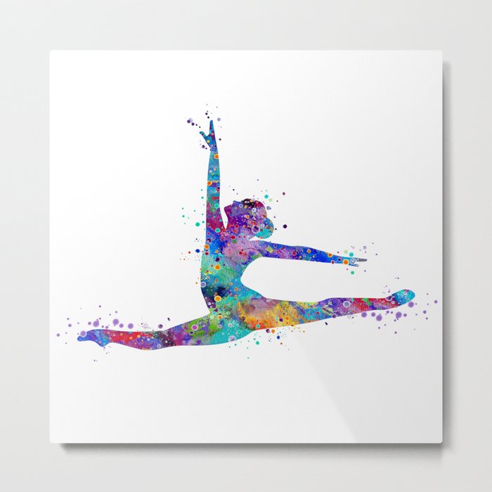 Girl Gymnastics Straddle Jump Watercolor Metal Print