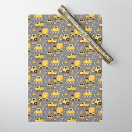 Construction Trucks on Gray Wrapping Paper