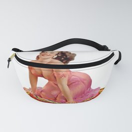 Brunette Pin Up With Pink Dress on Colorful Rug Fanny Pack