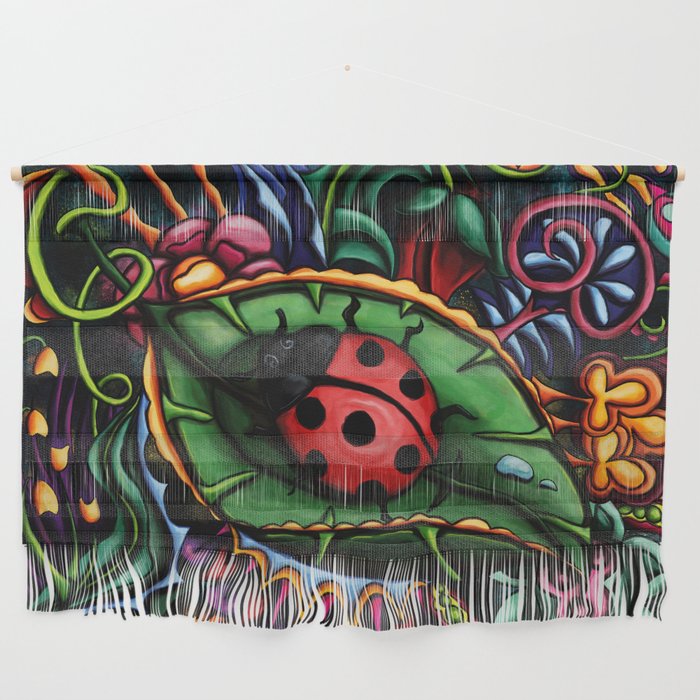 Cute ladybug on a plant leaf, whimsical garden painting Wall Hanging