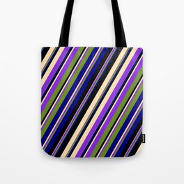 [ Thumbnail: Colorful Black, Beige, Purple, Green, and Blue Colored Pattern of Stripes Tote Bag ]