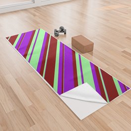 [ Thumbnail: Green, Maroon, and Dark Violet Colored Lined/Striped Pattern Yoga Towel ]