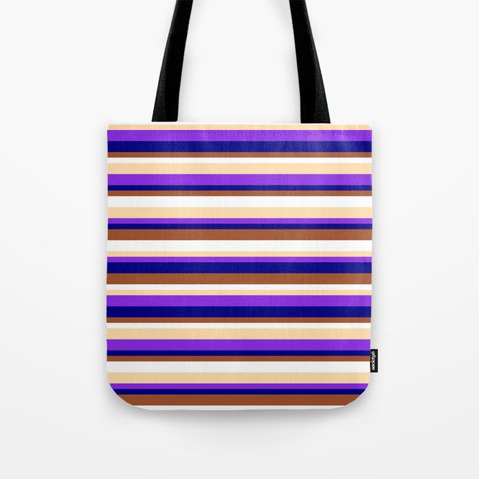 Eyecatching Tan, Purple, Blue, Sienna & White Colored Lines/Stripes Pattern Tote Bag