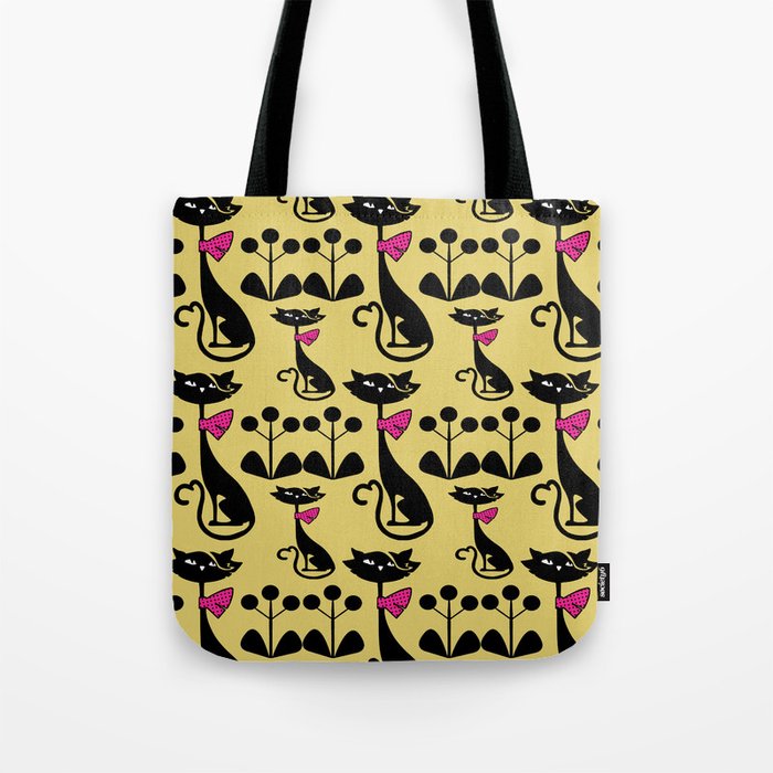 Mid century Atomic Black Cat Pattern in  Yellow Background Tote Bag