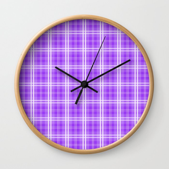 Bright Neon Purple White Tartan Plaid Check Wall Clock