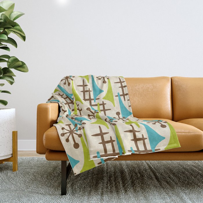 Retro 1950s Style Mid Century Modern Atomic Wing Pattern 423 Brown Olive Green and Turquoise Throw Blanket by Tony Magner Society6