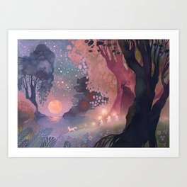Harvest Moon Art Print | Fairytale, Woods, Ink, Night, Painting, Trees, Forest, Moody, Dreamy, Dream 