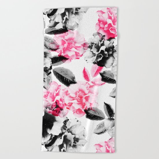 Rose Garden in Pink and Gray Beach Towel