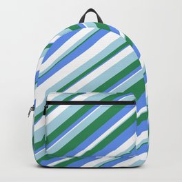 [ Thumbnail: Sea Green, Cornflower Blue, White & Light Blue Colored Striped/Lined Pattern Backpack ]
