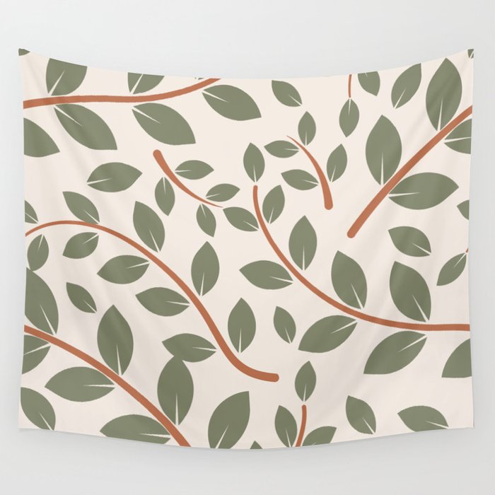 Retro Style Leaves Pattern - Camouflage Green and Alabaster Wall Tapestry