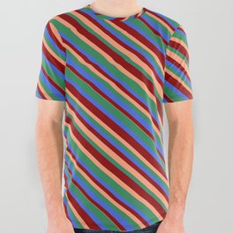 [ Thumbnail: Dark Red, Light Salmon, Sea Green & Royal Blue Colored Lined Pattern All Over Graphic Tee ]