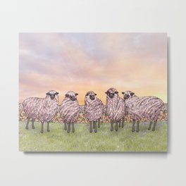 sunrise sheep Metal Print | Ruralscene, Digitalcollage, Drawing, Digital, Ewe, Yarnwool, Landscape, Skyblue, Sunset, Purple 