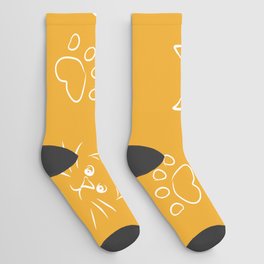 White Cats and Polka Dots on Orange Socks | Pattern, Seamless, Paws, Drawn, Footprint, Kitten, Comic, Pets, Cat, Hand 