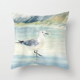 Seagull on the beach Throw Pillow
