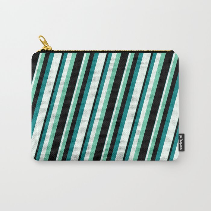 Aquamarine, Black, Teal, and Mint Cream Colored Lined Pattern Carry-All Pouch
