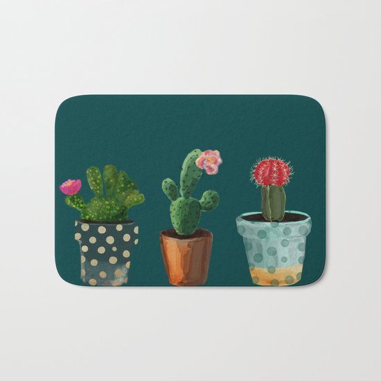Three Cacti With Flowers On Green Background Bath Mat