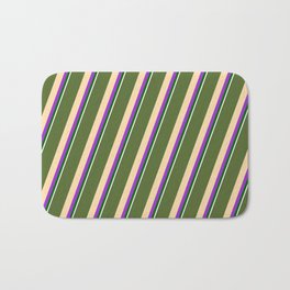 [ Thumbnail: Dark Olive Green, Tan, Dark Orchid, Dark Green, and White Colored Striped/Lined Pattern Bath Mat ]