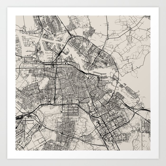 Amsterdam, Netherlands - City Map, Black and White Aesthetic Art Print